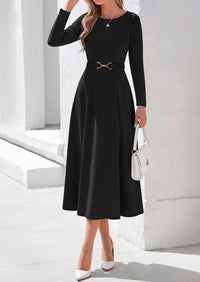 PRETTYGARDEN Women's Fall Long Sleeve Semi Formal Midi Dresses with Pockets Boat Neck, Metal Buckle Tie Waist, Flowy A Line, Elegant Classy Wedding Guest Cocktail Party Dress, Business Casual Outfits