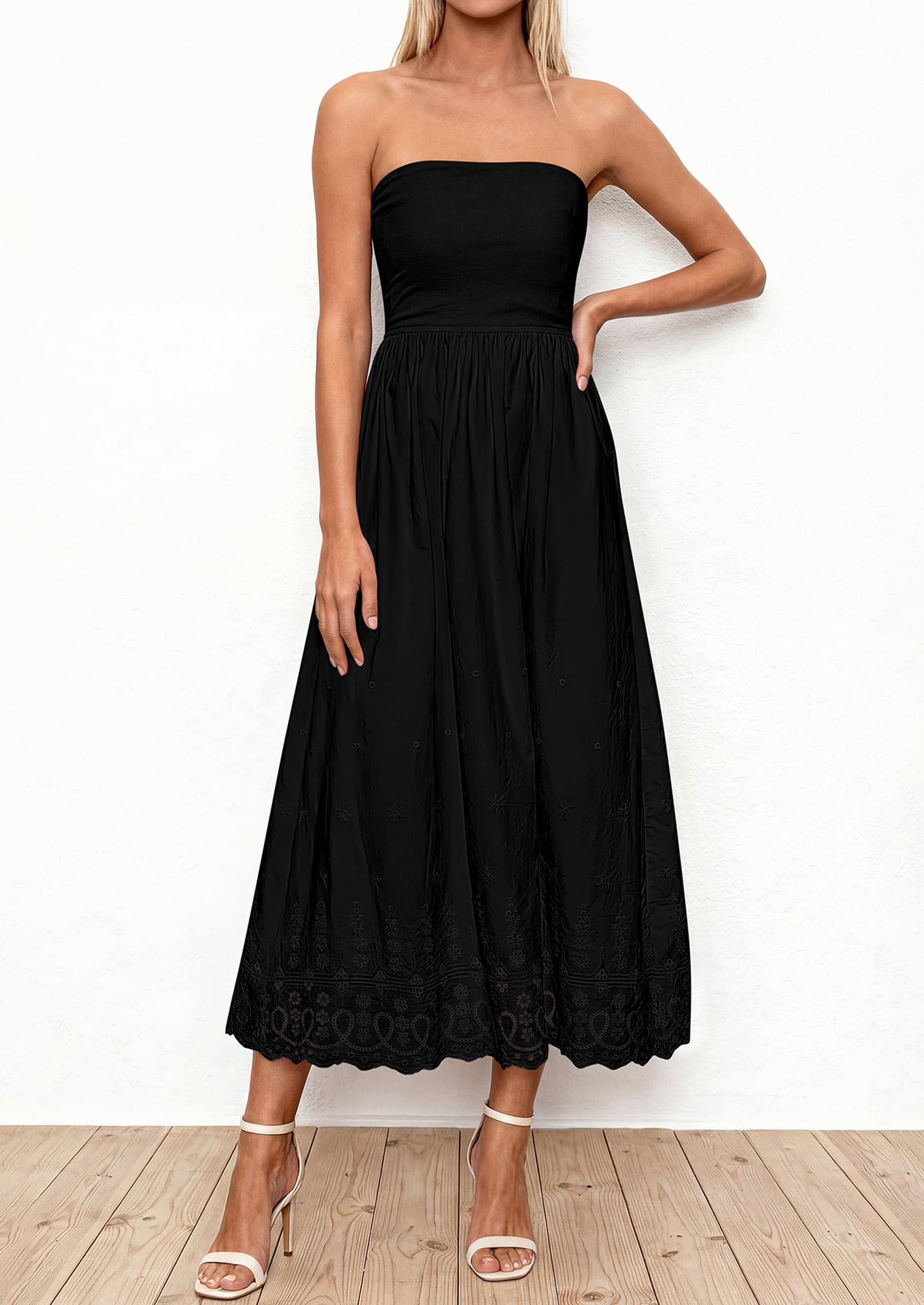 PRETTYGARDEN Womens Summer Dresses Sexy Sleeveless Tube Top Long Dress Eyelet Cotton Maxi Beach Sundress Pockets