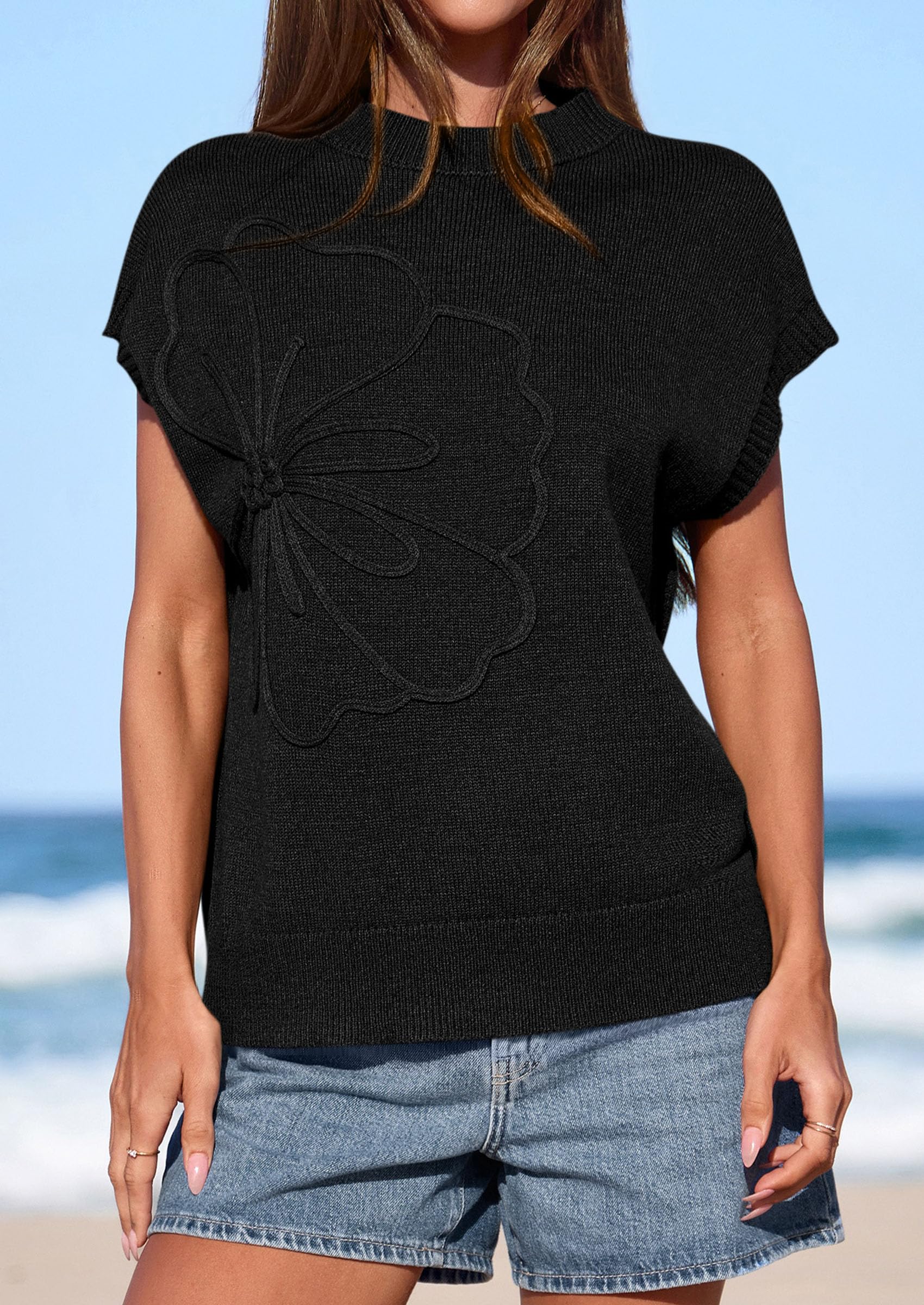 PRETTYGARDEN Women's Spring Sweater Vest Trendy Flower Knit Short Sleeve Cute Pullover Tank Tops Summer Fashion Clothing PRETTYGARDEN