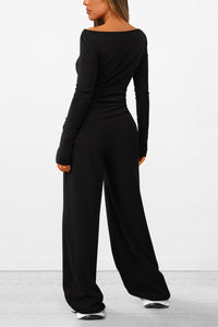 2 Piece Lounge Sets Asymmetrical Long Sleeve T Shirt Wide Leg Pants Casual Outfits Tracksuit