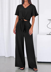 PRETTYGARDEN Women 2 Piece Summer Outfits Short Sleeve Strappy Top Wide Leg Pants Tracksuit Lounge Sets Beach Clothes PRETTYGARDEN