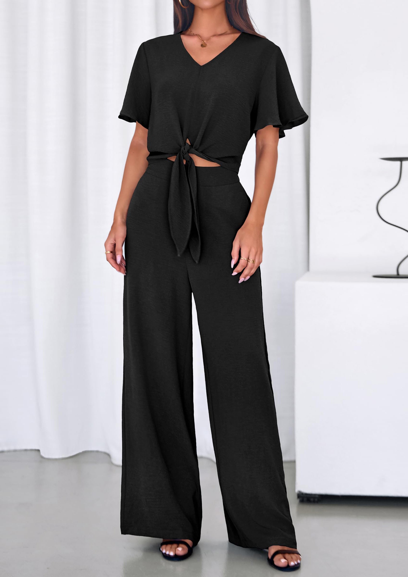 PRETTYGARDEN Women 2 Piece Summer Outfits Short Sleeve Strappy Top Wide Leg Pants Tracksuit Lounge Sets Beach Clothes PRETTYGARDEN