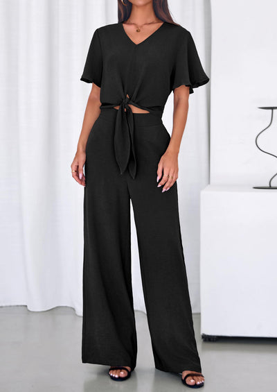 PRETTYGARDEN Women 2 Piece Summer Outfits Short Sleeve Strappy Top Wide Leg Pants Tracksuit Lounge Sets Beach Clothes PRETTYGARDEN