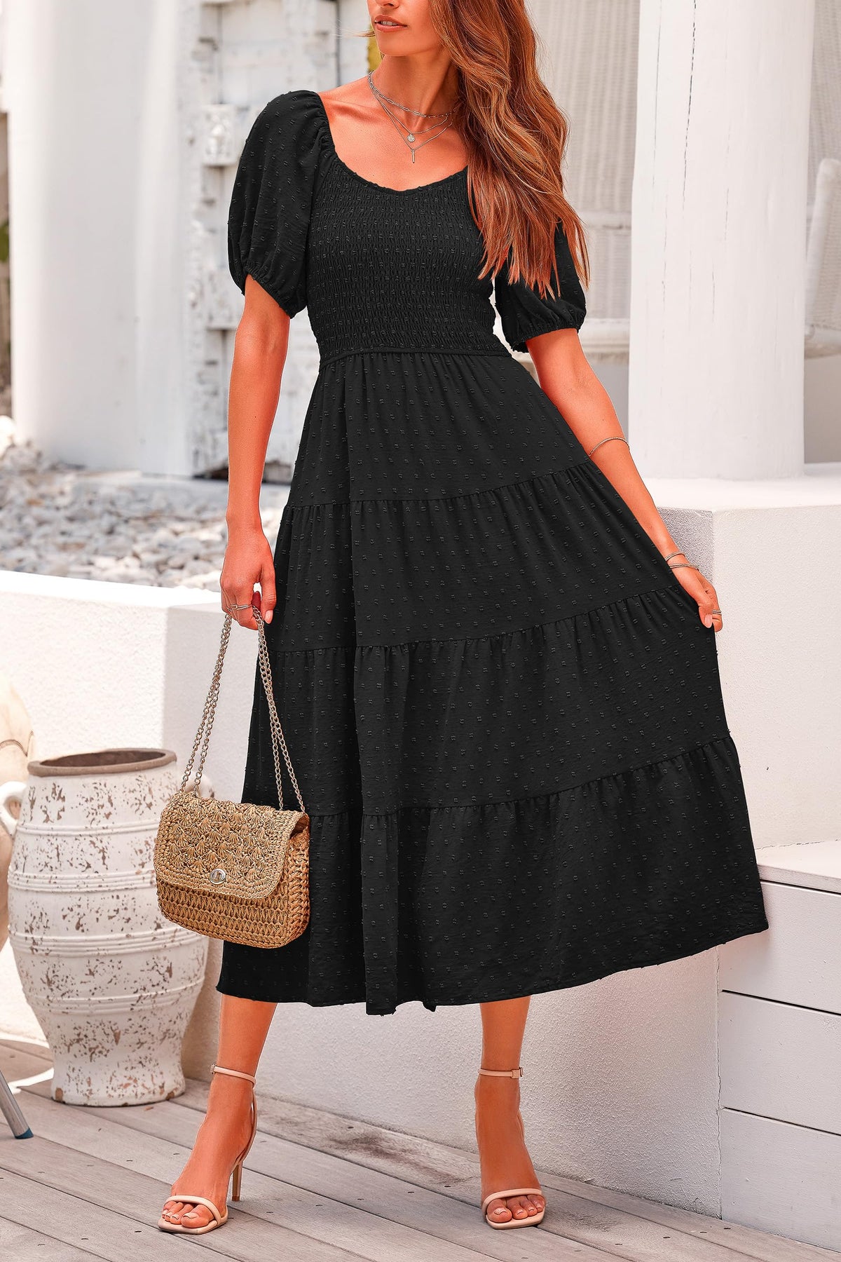 Puff Sleeve Boho Midi Dress