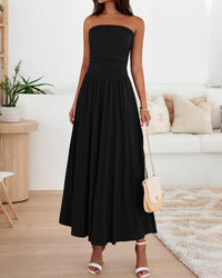 BTFBM Summer Maxi Dresses for Women Strapless Ruched Tube Top Beach Vacation Spring Wedding Guest Dress Pockets PRETTYGARDEN