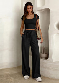 PRETTYGARDEN Women's 2 Piece Matching Lounge Sets Ribbed Short Sleeve Crop Tops Wide Leg Pants Summer Airport Outfits PRETTYGARDEN