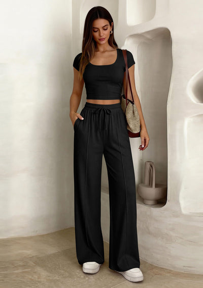 PRETTYGARDEN Women's 2 Piece Matching Lounge Sets Ribbed Short Sleeve Crop Tops Wide Leg Pants Summer Airport Outfits PRETTYGARDEN