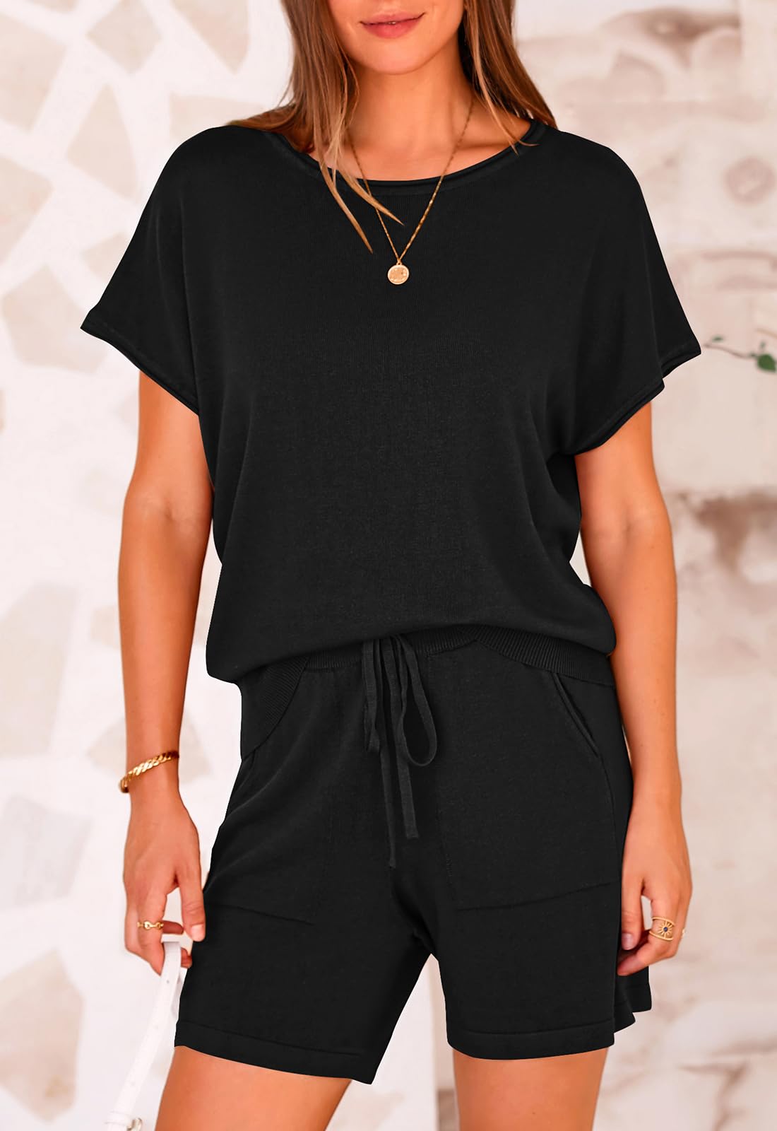 PRETTYGARDEN Two Piece Set for Women Summer Lounge Sets Shorts And Short Sleeve Tops Knitted Matching Travel Spring Outfits PRETTYGARDEN