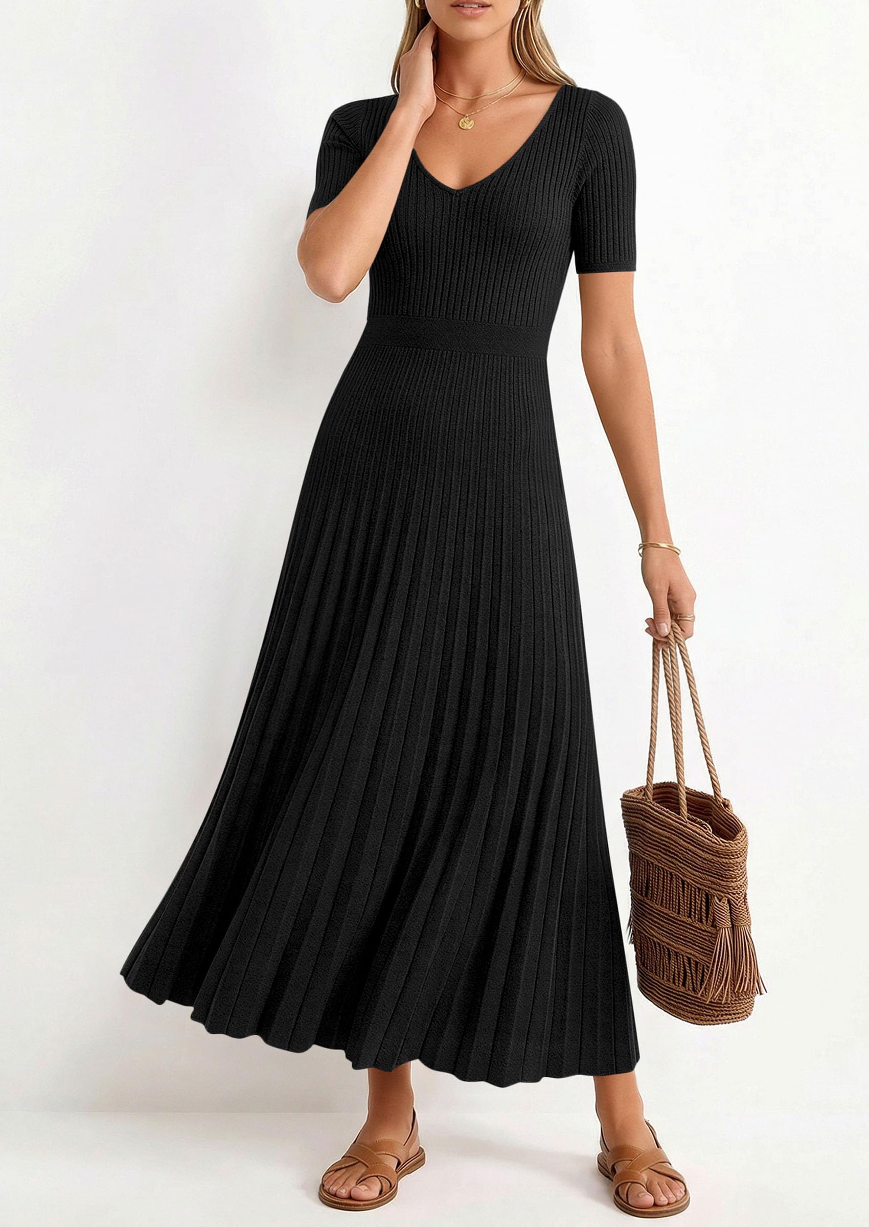 PRETTYGARDEN Women's Spring Midi Sweater Dresses Elegant Pleated Ribbed Knit Short Sleeve V Neck A Line Summer Outfits PRETTYGARDEN