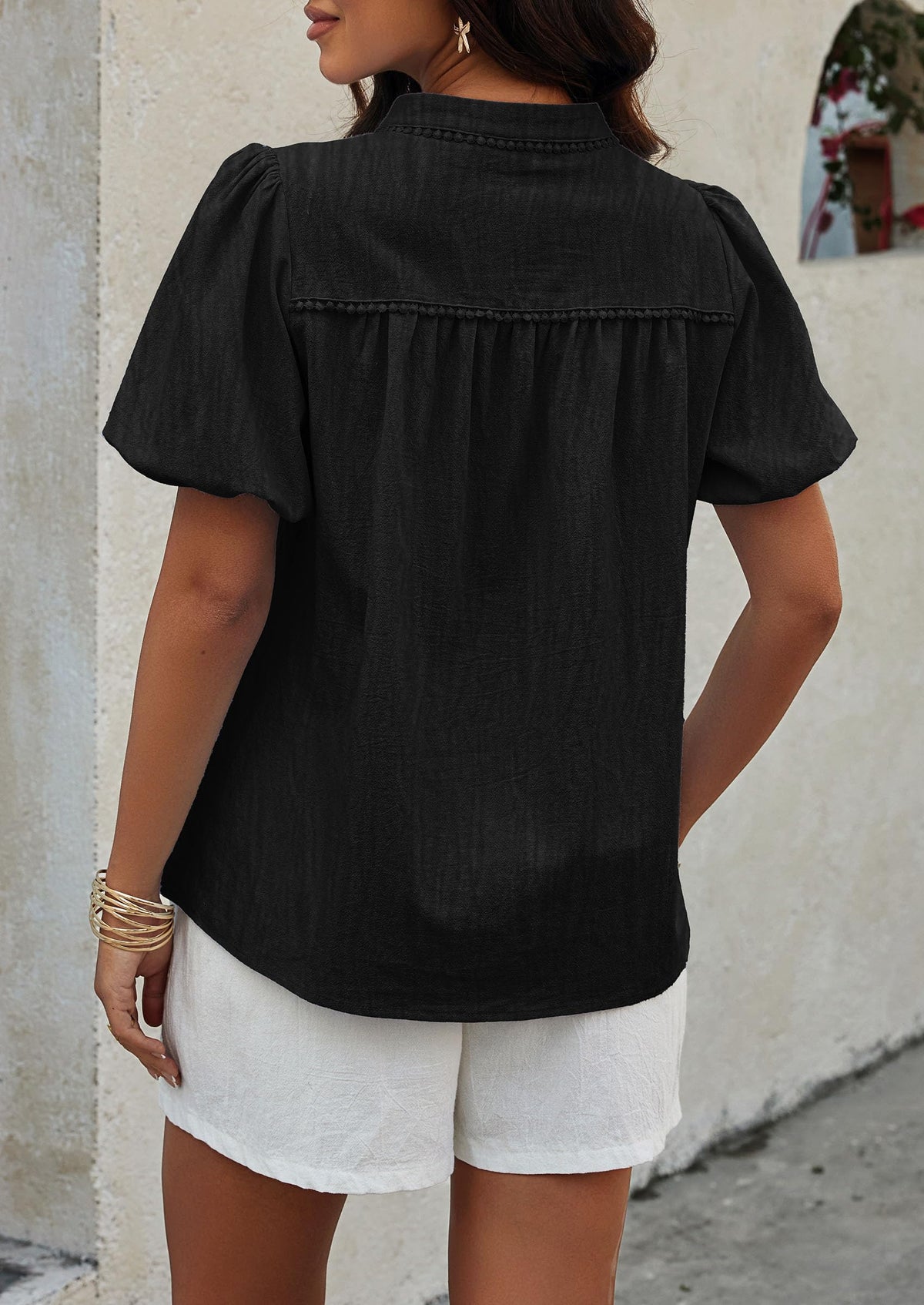 Womens Casual Summer V Neck Short Puff Sleeve Pleated Cotton Loose Dressy Blouses