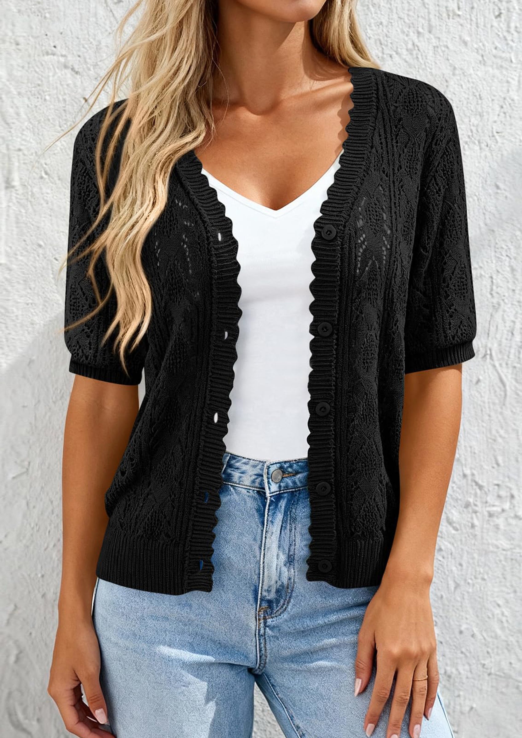 PRETTYGARDEN Short Sleeve Crochet Knit Summer Cardigans for Women Lightweight Button Down Hollow Out Sweater Beach Cover Up PRETTYGARDEN