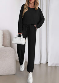 PRETTYGARDEN Womens 2 Piece Matching Lounge Sets Fall Long Sleeve Boatneck Sweatsuit Drawstring Sweatpants Pockets