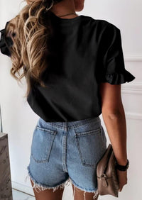 PRETTYGARDEN Women's Short Sleeve Casual T Shirts Summer Ruffle Plain Round Neck Loose Fit Tee Blouse Tops