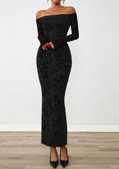 PRETTYGARDEN Womens Off The Shoulder Floral Maxi Bodycon Dress Fall Long Sleeve Mesh Fitted Long Formal Wedding Guest Dresses PRETTYGARDEN