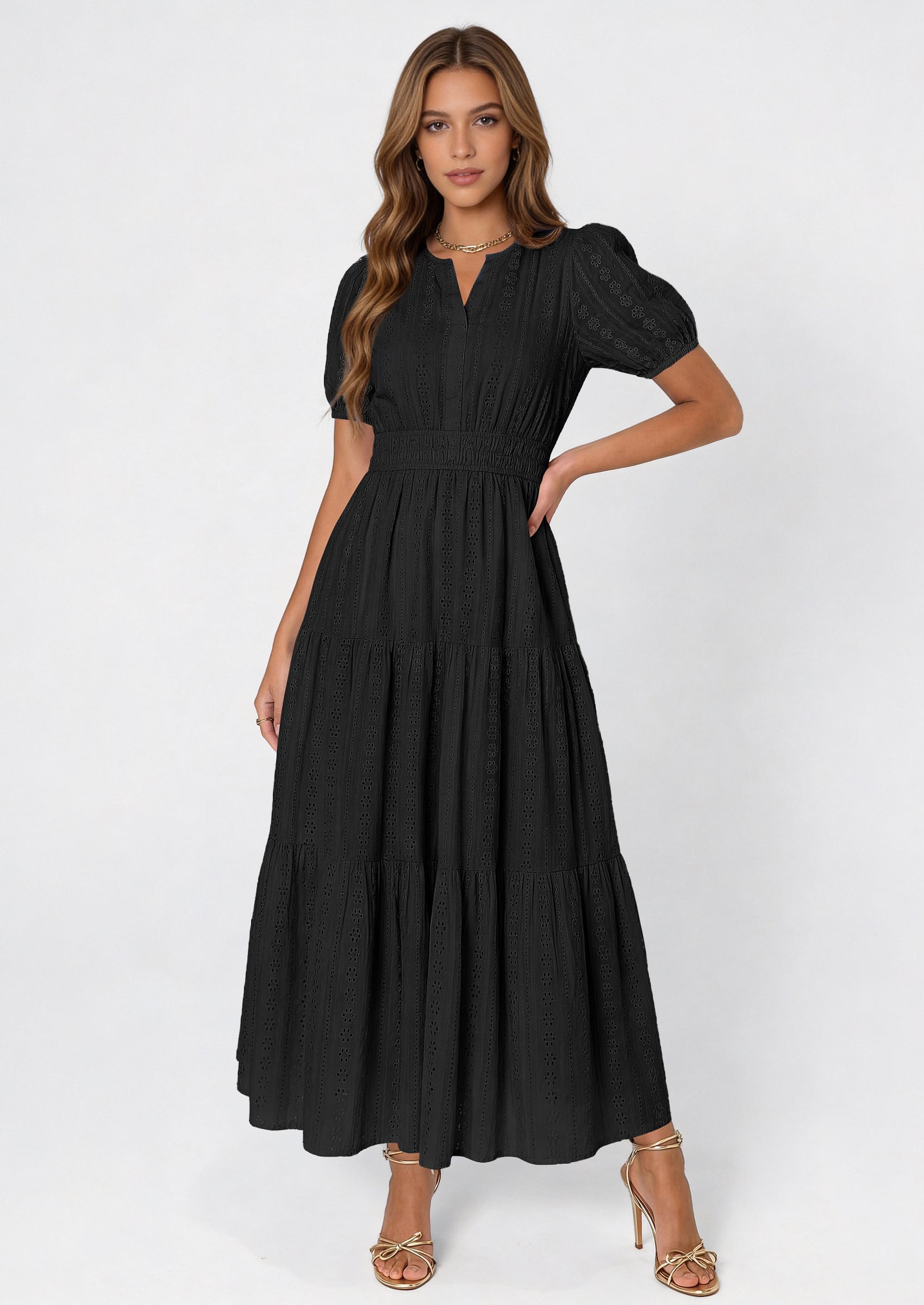 PRETTYGARDEN Womens Summer Maxi Dresses Casual Puff Sleeve V Neck Smoc