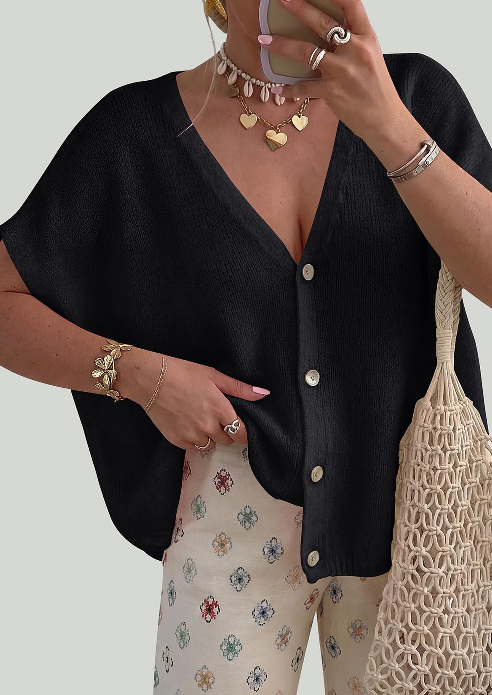 PRETTYGARDEN Batwing Short Sleeve Summer Cardigan Sweaters for Women Lightweight V Neck Button Oversized Sweater Tops PRETTYGARDEN