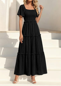 PRETTYGARDEN Summer Dresses for Women Boho Swiss Dot Smocked Square Neck Short Sleeve Spring Wedding Guest Maxi Dress PRETTYGARDEN