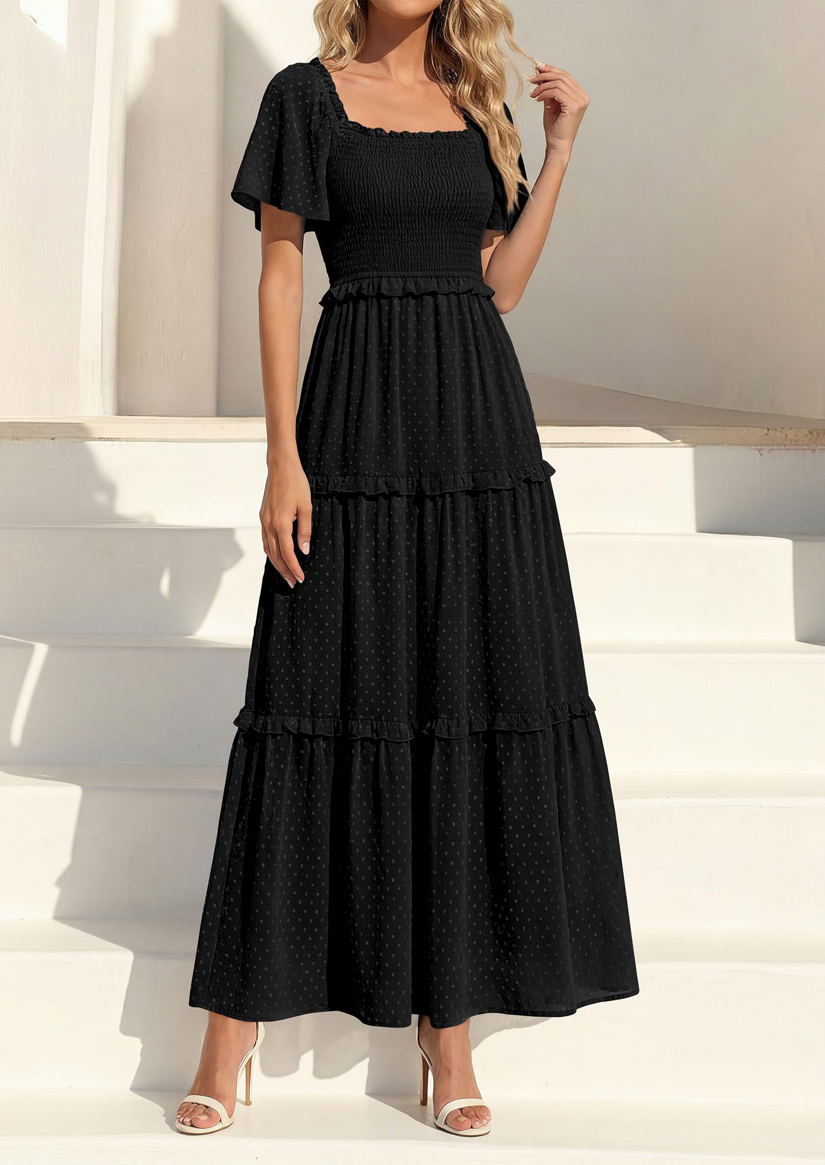 PRETTYGARDEN Summer Dresses for Women Boho Swiss Dot Smocked Square Neck Short Sleeve Spring Wedding Guest Maxi Dress PRETTYGARDEN