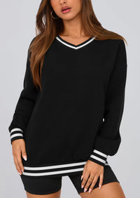 PRETTYGARDEN Women's Oversized Sweatshirts Casual Long Sleeve Stripes Knit V Neck Pullover Top Fall Teens Preppy Clothes