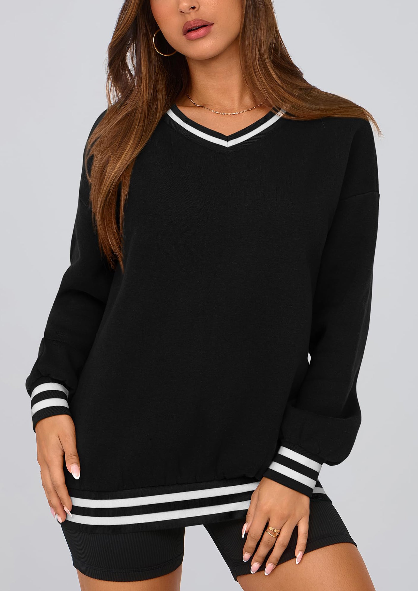 PRETTYGARDEN Women's Oversized Sweatshirts Casual Long Sleeve Stripes Knit V Neck Pullover Top Fall Teens Preppy Clothes