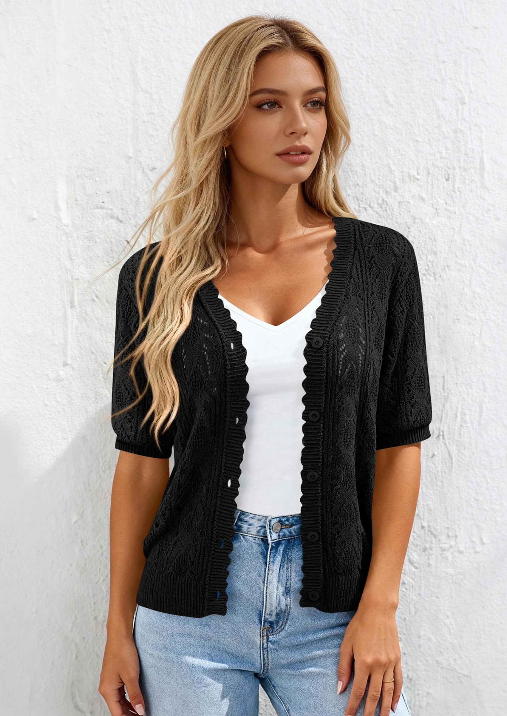 PRETTYGARDEN Short Sleeve Crochet Knit Summer Cardigans for Women Lightweight Button Down Hollow Out Sweater Beach Cover Up PRETTYGARDEN