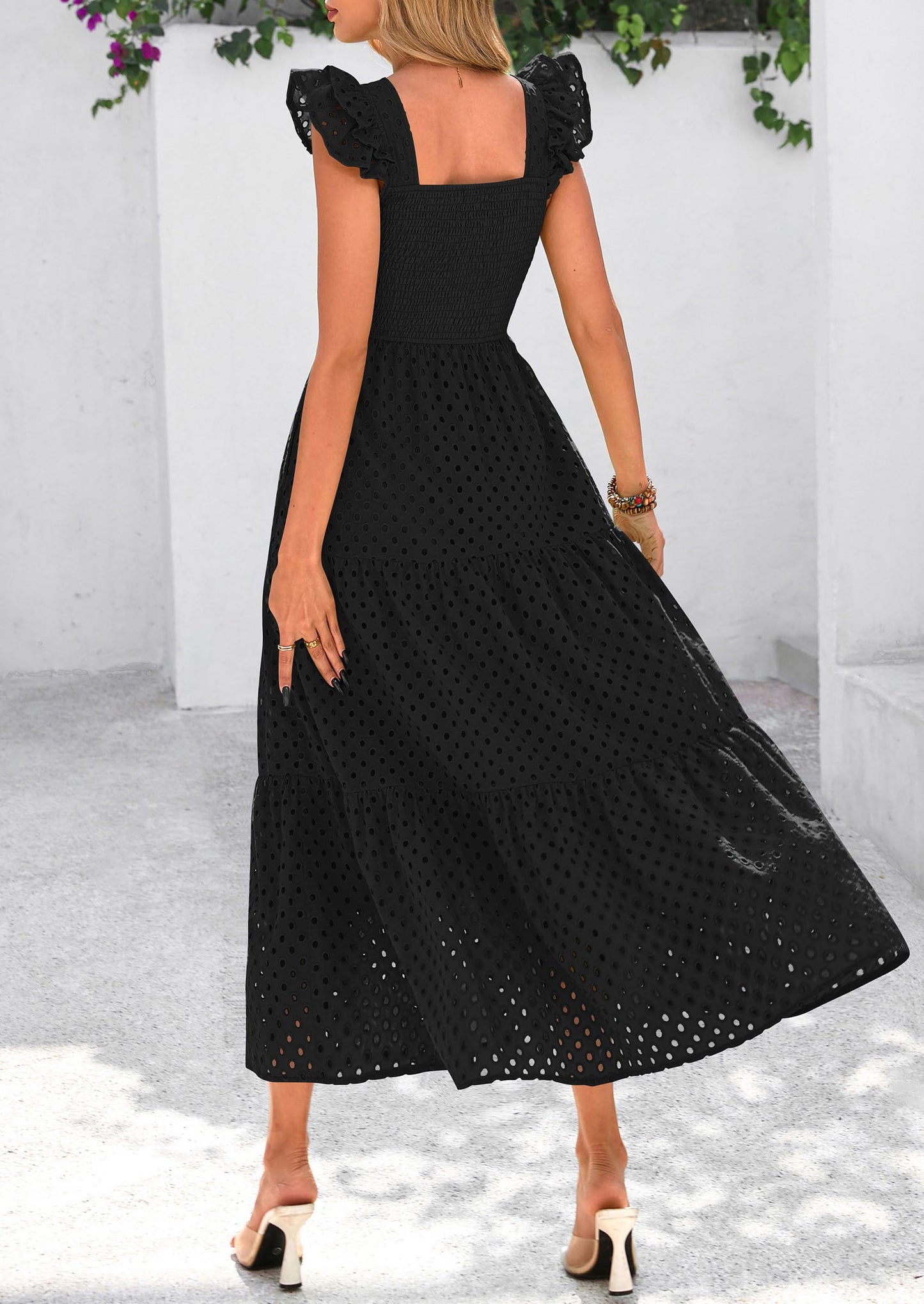 Womens Summer Square Neck Maxi Dresses Cap Sleeve Eyelet Smocked Tiered A Line Flowy Long Dress with Pockets