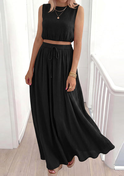 PRETTYGARDEN 2 Piece Sets for Women Summer Outfits Fashion Cotton Sleeveless Crop Top Long Maxi Skirt Set with Pockets
