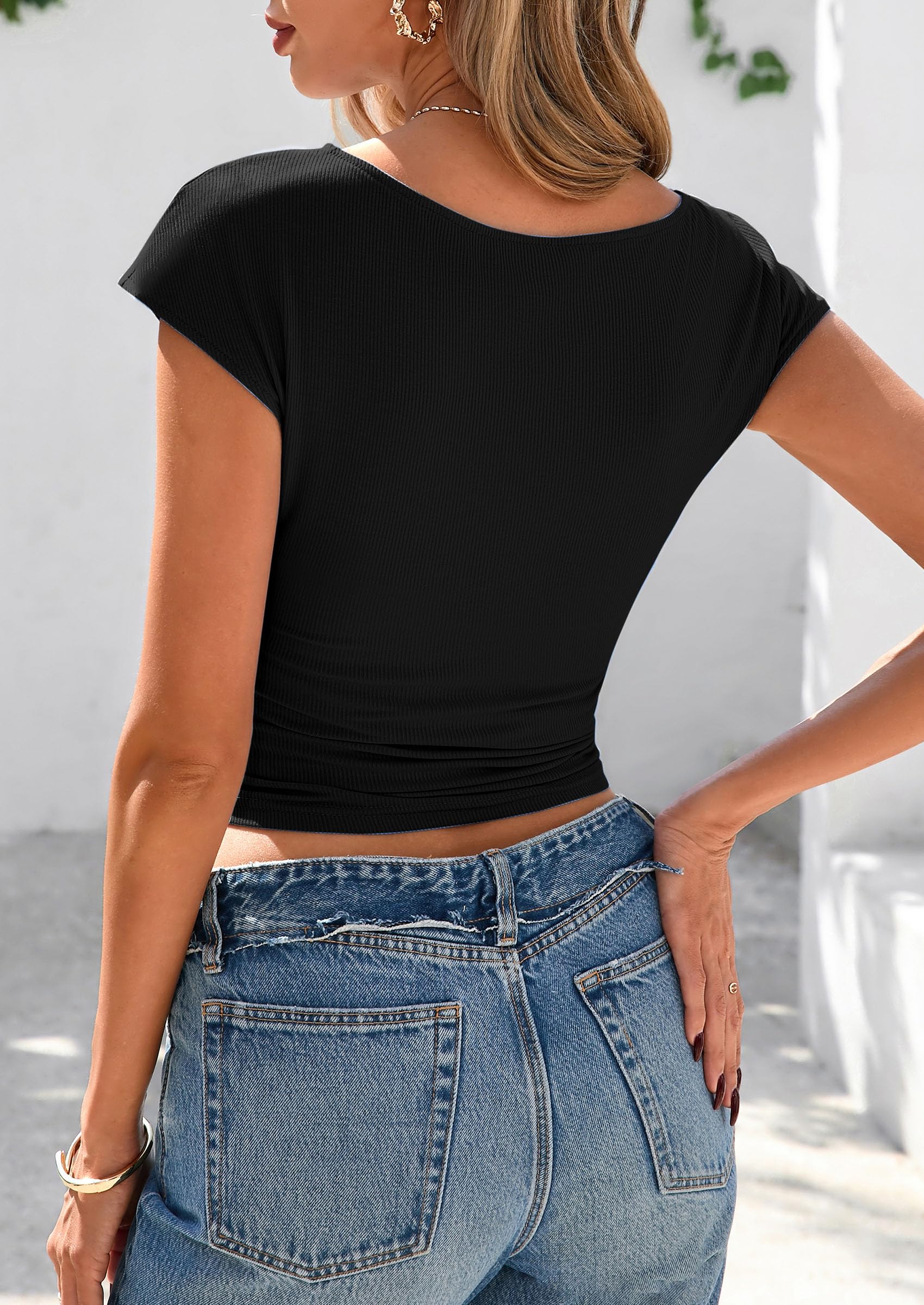 PRETTYGARDEN Women's Ruched Crop Tank Tops Summer Trendy Cap Sleeve Ribbed Knit Basic Fitted Going Out Tee Shirts