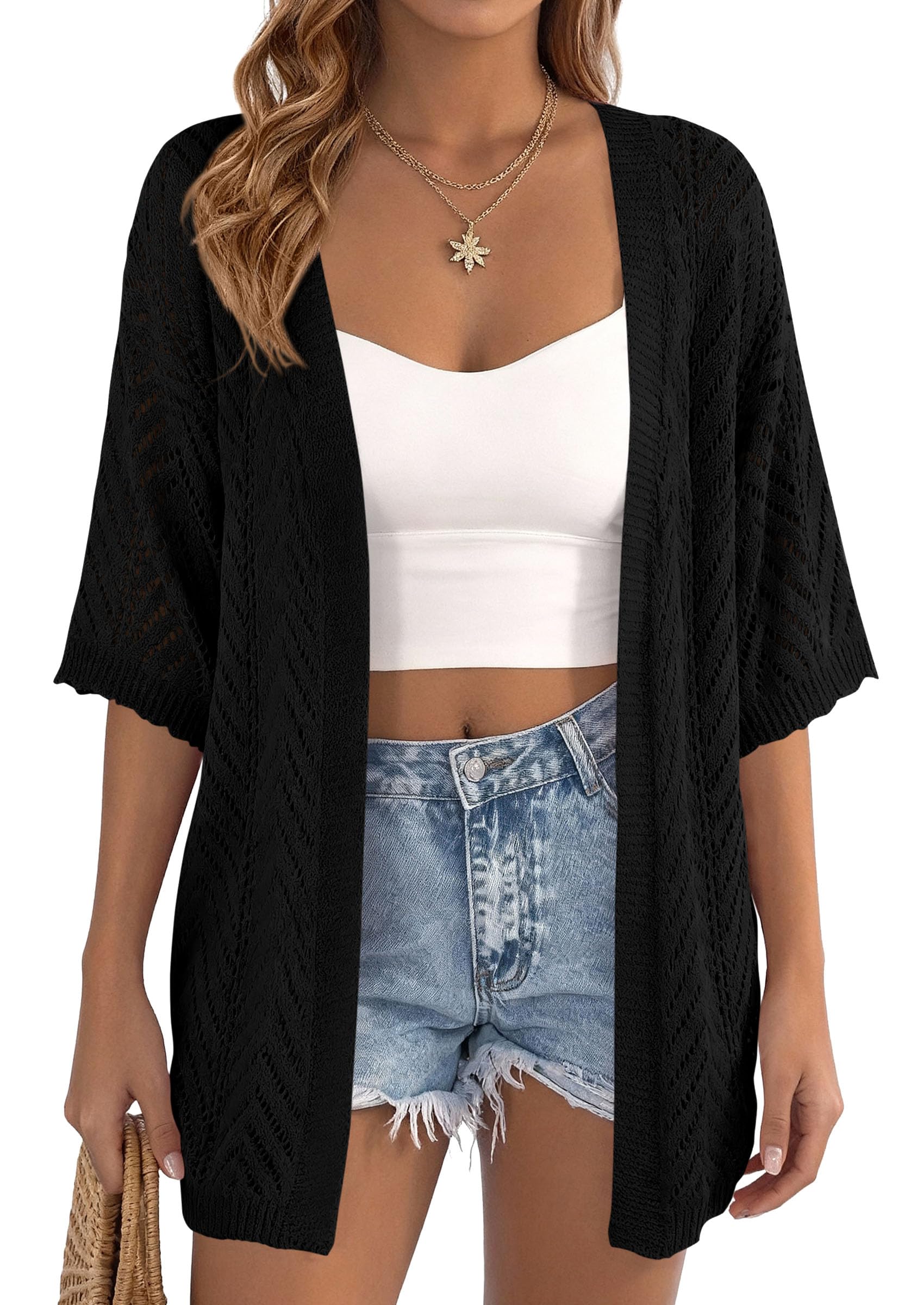 PRETTYGARDEN Summer Cardigan Sweaters for Women Lightweight  Short Sleeve Knit Coverup Spring Beach Vacation Clothes PRETTYGARDEN