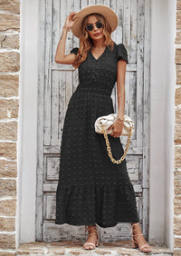 PRETTYGARDEN Womens Dresses Summer Maxi Dress Boho Short Sleeve V Neck Swiss Dot Ruffle Tiered Smocked Flowy Long Dress PRETTYGARDEN