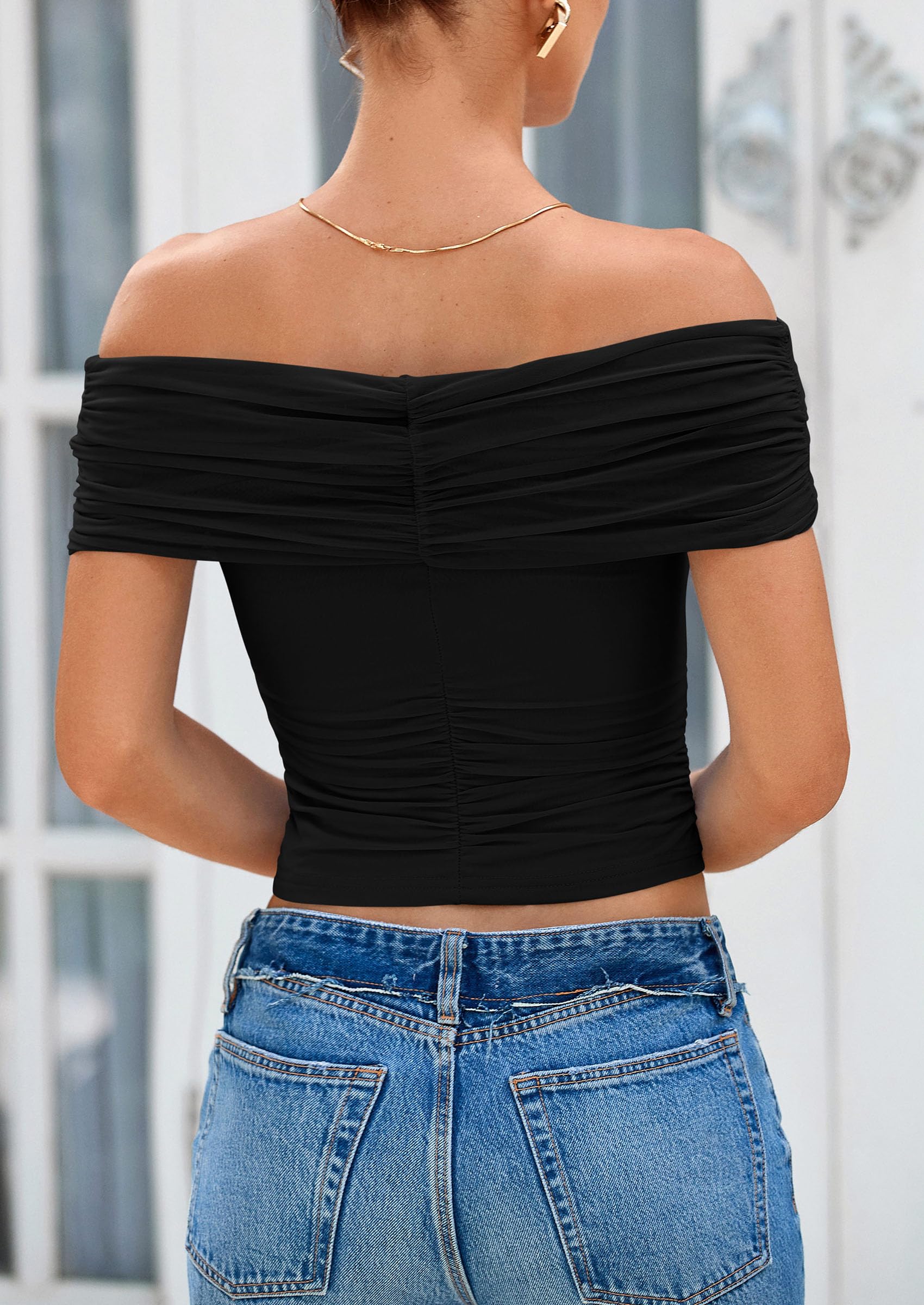 PRETTYGARDEN Summer Tops for Women Off Shoulder Short Sleeve Ruched Slim Fit Shirts Blouses Y2K Going Out Top