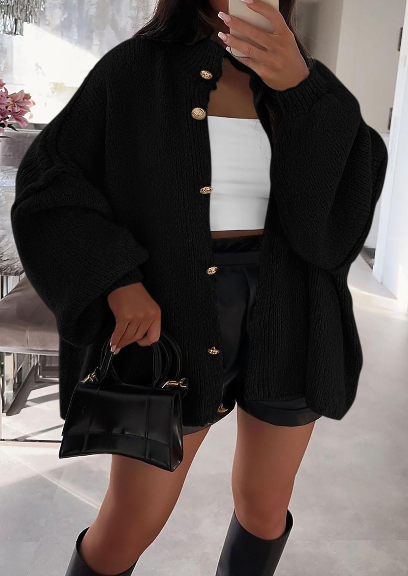 PRETTYGARDEN Women's Winter Button Down Cardigan Sweaters Mock Neck Lantern Long Sleeve Chunky Knit Jacket Trendy Outerwear