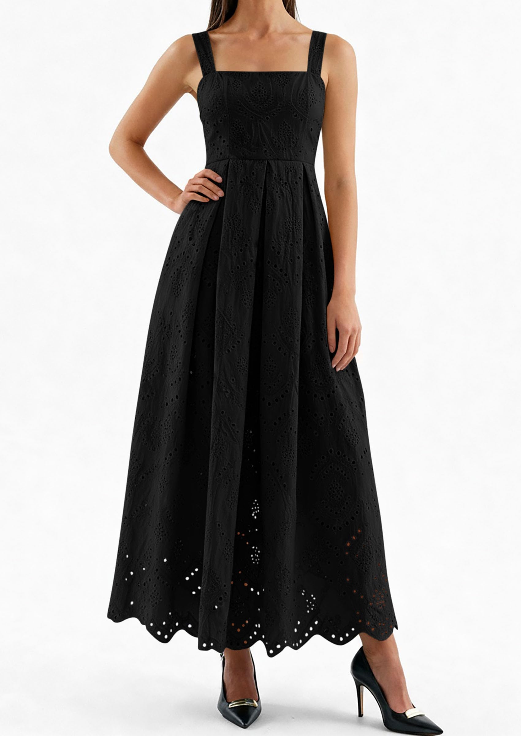 PRETTYGARDEN Womens Sleeveless Maxi Summer Dresses Hollow Out Eyelet Square Neck Ruffle Flowy Beach Vacation Sundress PRETTYGARDEN