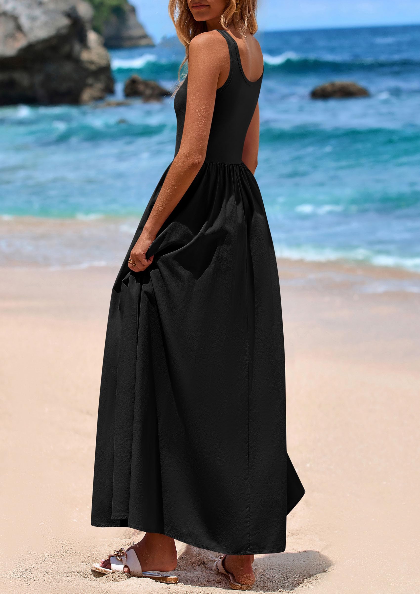 PRETTYGARDEN Womens Summer Casual Scoop Neck Sleeveless Long Dresses Tank Top Patchwork Aline Swing Maxi Dress with Pockets