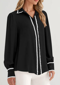 PRETTYGARDEN Womens Long Sleeve Button Down Shirts Trendy V Neck Loose Fit Fall Tops Collared Dressy Casual Blouses