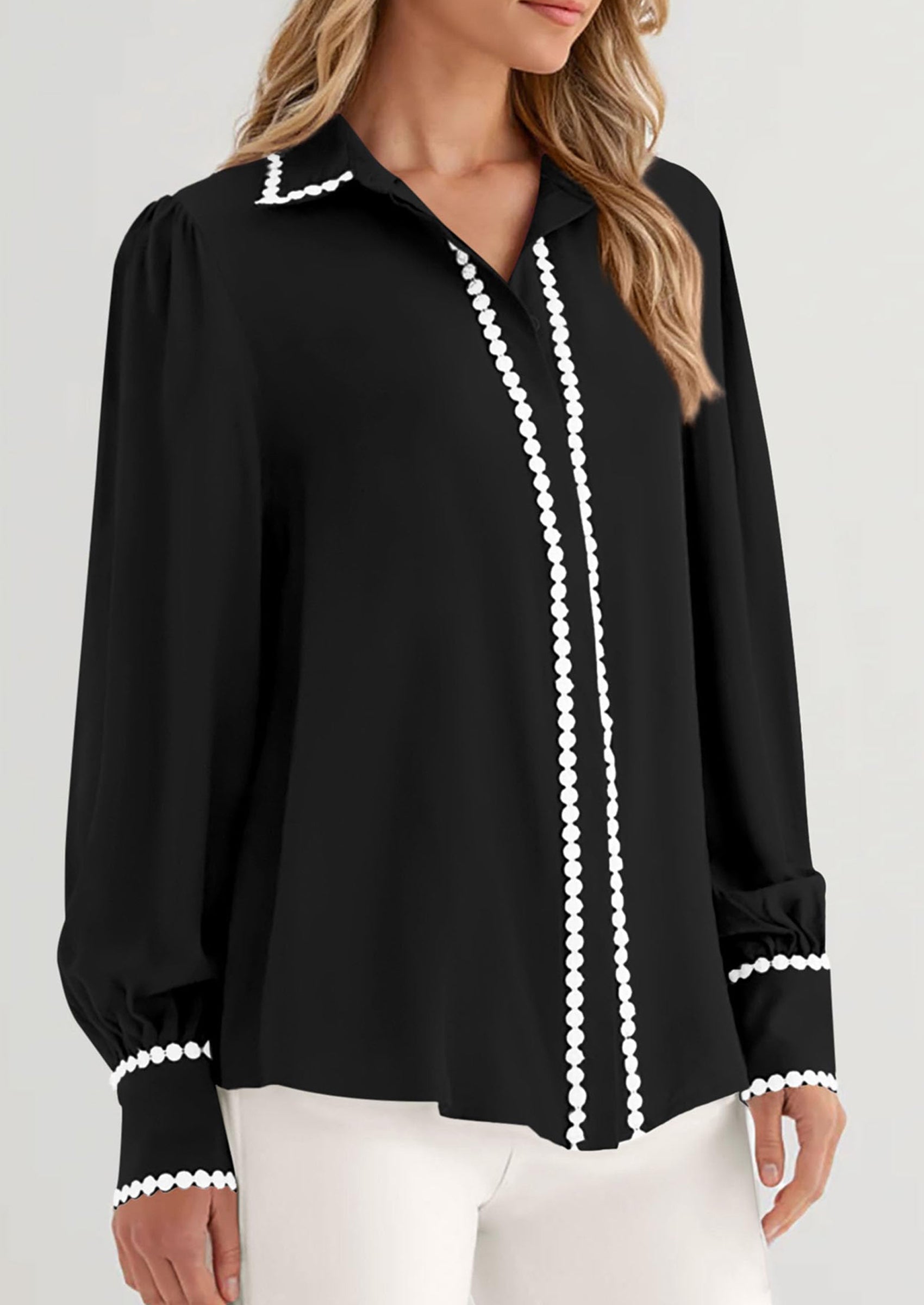 PRETTYGARDEN Womens Long Sleeve Button Down Shirts Trendy V Neck Loose Fit Fall Tops Collared Dressy Casual Blouses