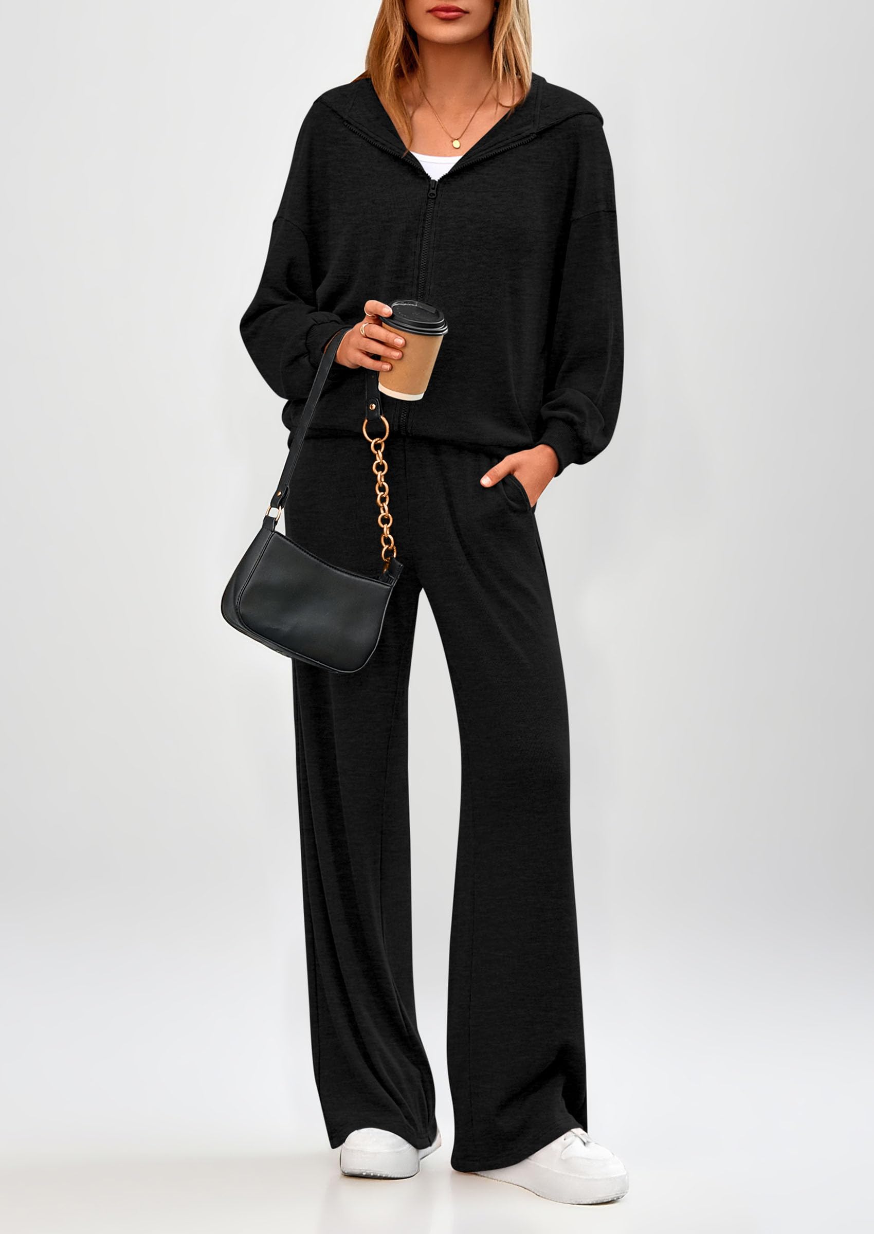 PRETTYGARDEN Women's 2 Piece Fall Lounge Sets Zip Up Hoodie Wide Leg P