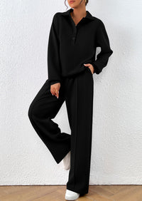 PRETTYGARDEN Women Fall 2 Piece Outfits Sweatsuits Quarter Button Long Sleeve Sweatshirt Wide Leg Pants Tracksuit Lounge Sets