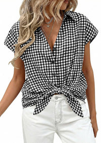 PRETTYGARDEN Womens Button Dwon Shirts V Neck Short Cap Sleeve Collared Plaid Tops Summer Spring Casual Blouses Clothes PRETTYGARDEN