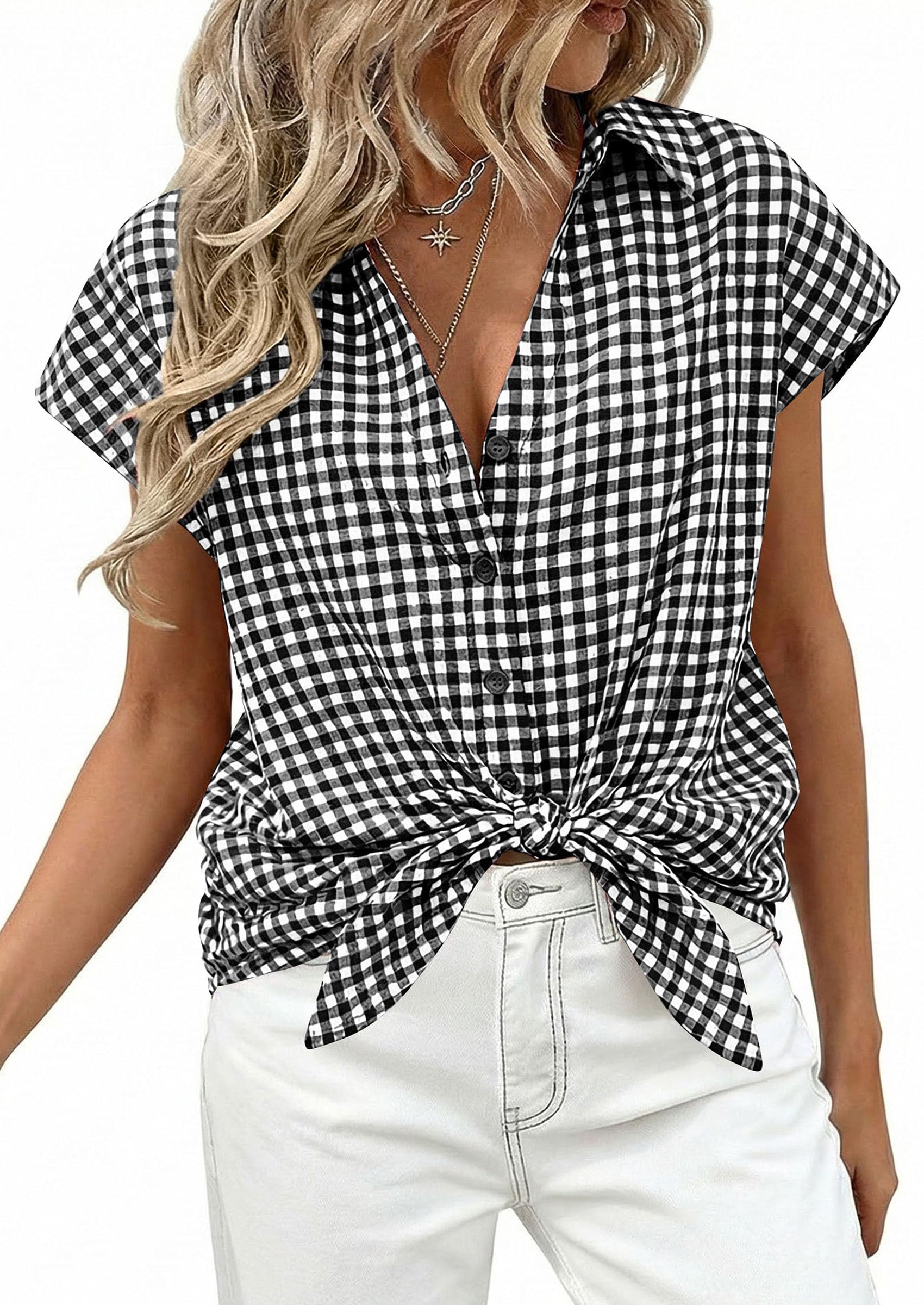 PRETTYGARDEN Womens Button Dwon Shirts V Neck Short Cap Sleeve Collared Plaid Tops Summer Spring Casual Blouses Clothes PRETTYGARDEN