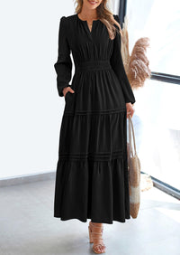 PRETTYGARDEN Women's Elegant Maxi Dresses Long Sleeve V Neck Flowy Pockets Casual Modest Dress Fall Fashion Clothes