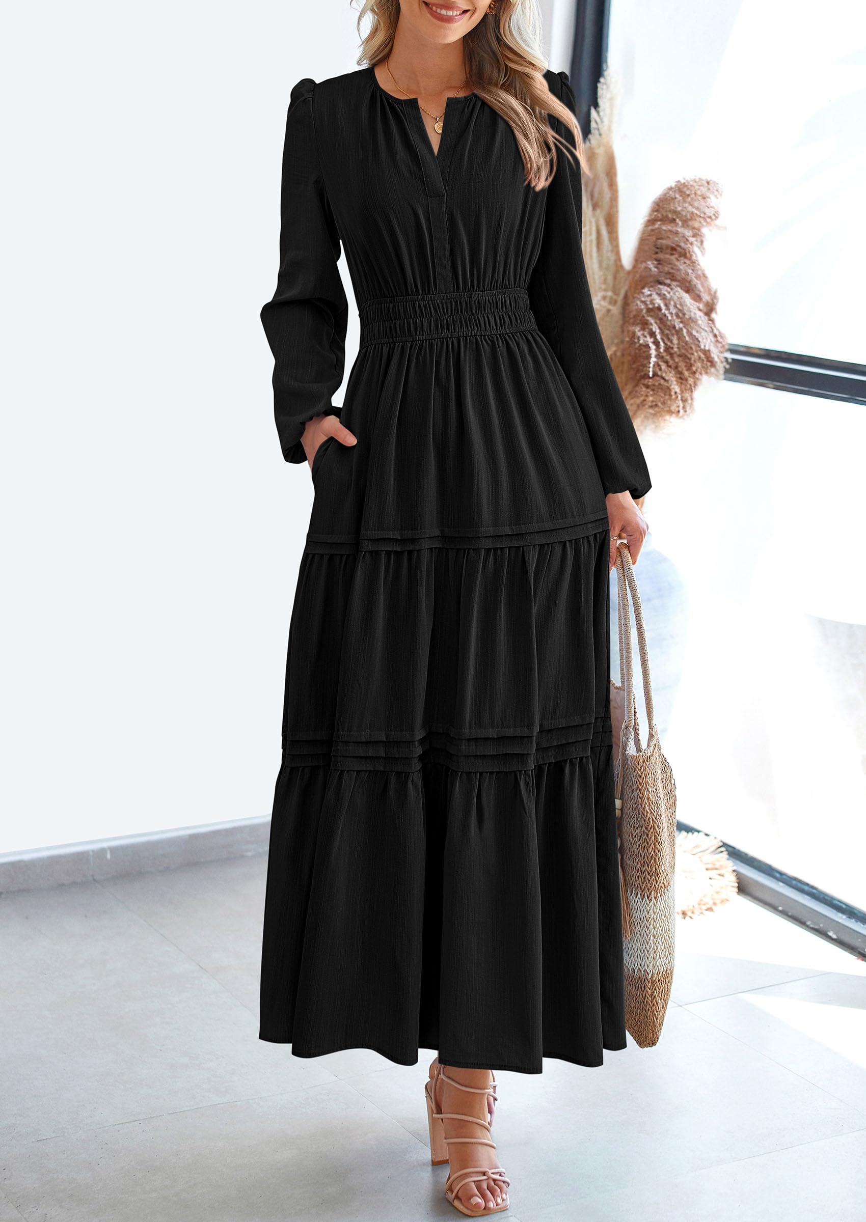 PRETTYGARDEN Women's Elegant Maxi Dresses Long Sleeve V Neck Flowy Pockets Casual Modest Dress Fall Fashion Clothes