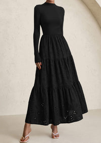 PRETTYGARDEN Long Sleeve Dress for Women Fall Eyelet Mock Neck A Line Elegant Classy Maxi Wedding Guest Dresses Pockets