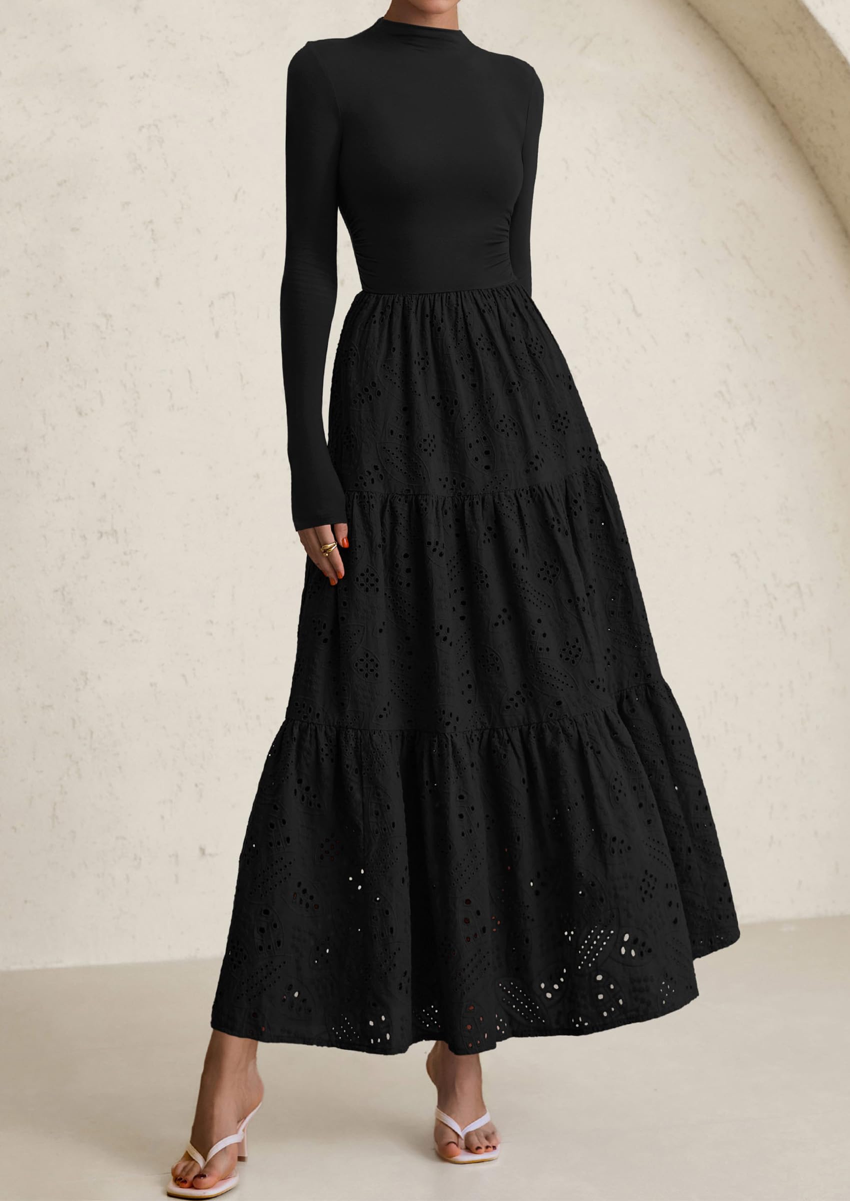 PRETTYGARDEN Long Sleeve Dress for Women Fall Eyelet Mock Neck A Line Elegant Classy Maxi Wedding Guest Dresses Pockets