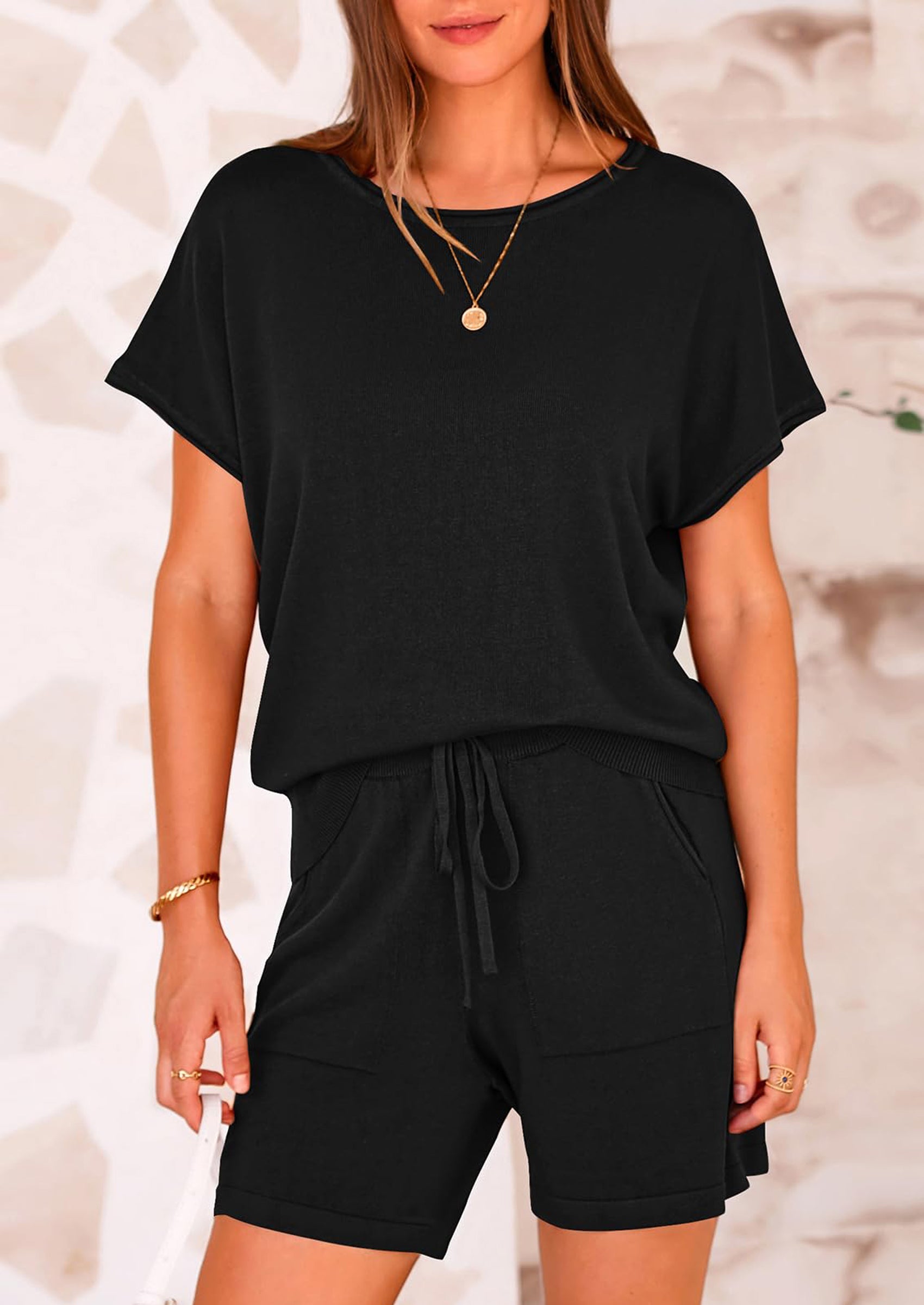 PRETTYGARDEN Two Piece Set for Women Summer Lounge Sets Shorts And Short Sleeve Tops Knitted Matching Travel Spring Outfits PRETTYGARDEN