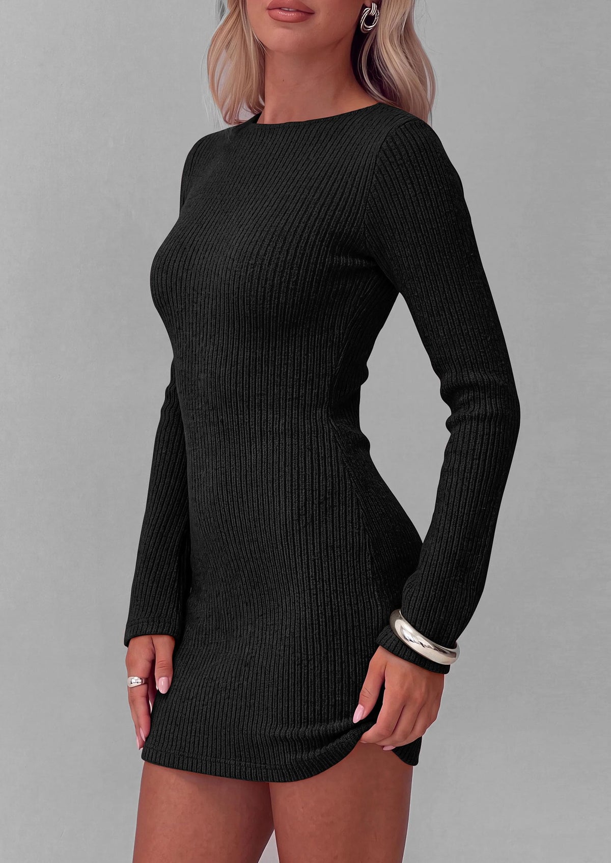 PRETTYGARDEN Womens Fall Bell Long Sleeve Mini Dress 2026 Casual Boat Neck Ribbed Bodycon Short Party Cocktail Dresses