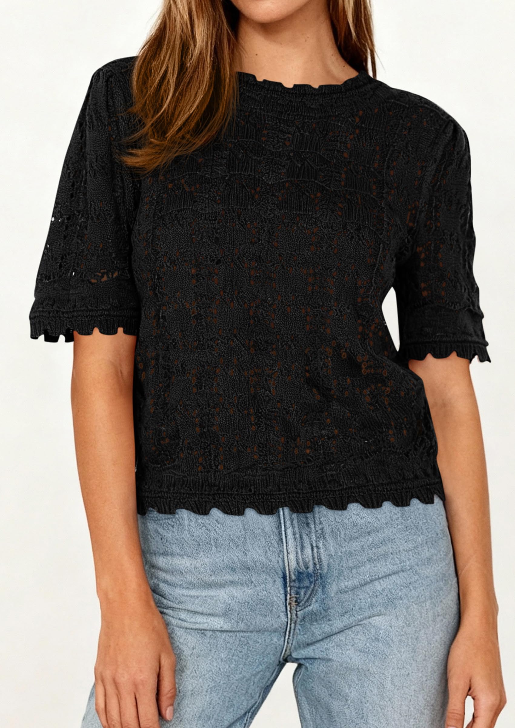 PRETTYGARDEN Women's Short Sleeve Sweater Trendy Crochet Summer Tops Casual Hollow Out Shirts Beach Vacation Clothes PRETTYGARDEN