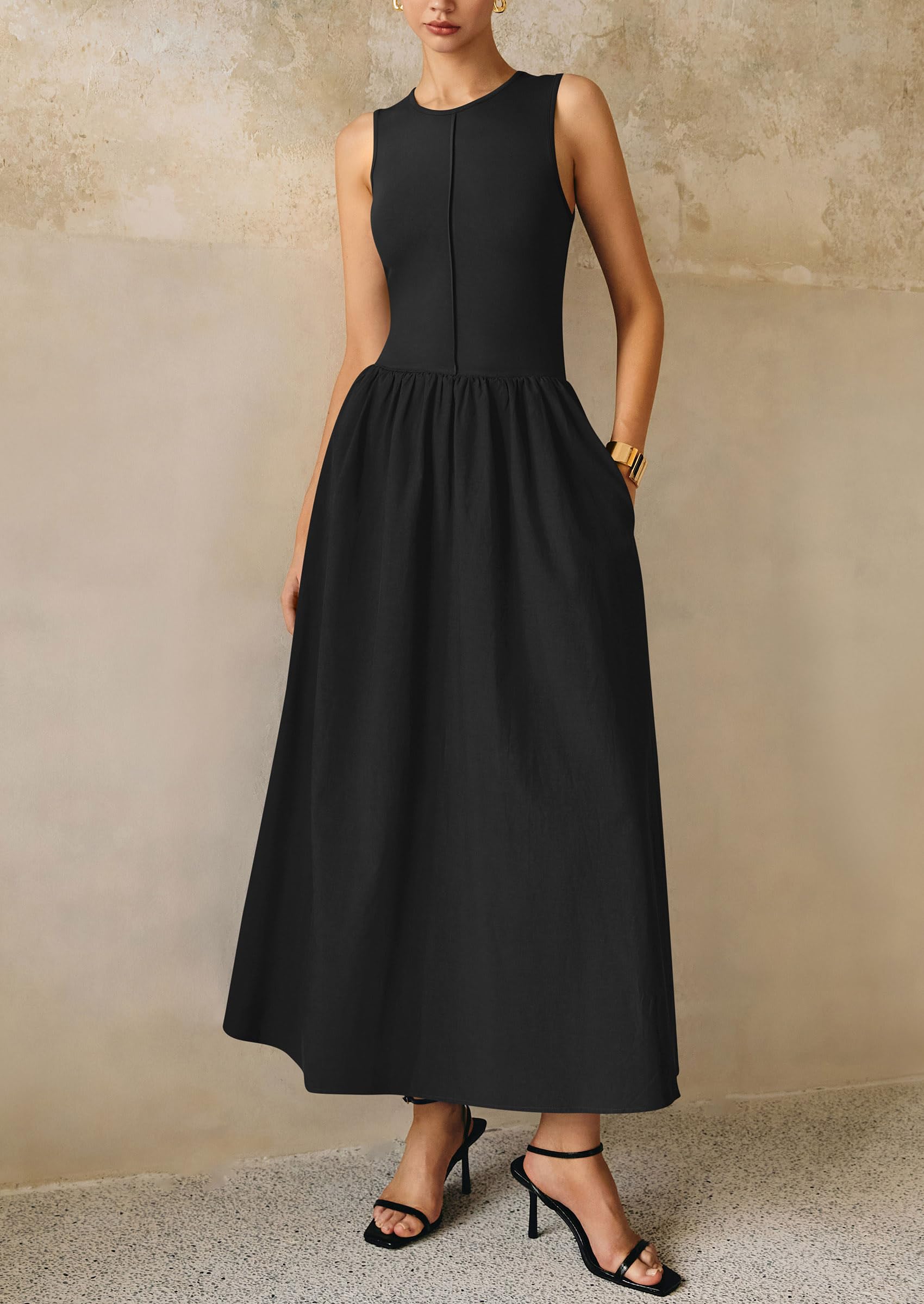 PRETTYGARDEN Women Maxi Dresses Casual Sleeveless Patchwork Knit Tank Dress Flowy Beach Sundress Long Dress