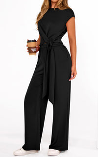 PRETTYGARDEN 2 Piece Matching Lounge Sets For Women Summer Short Sleeve Tie Front Crop Tops Casual Wide Leg Pants Tracksuit PRETTYGARDEN