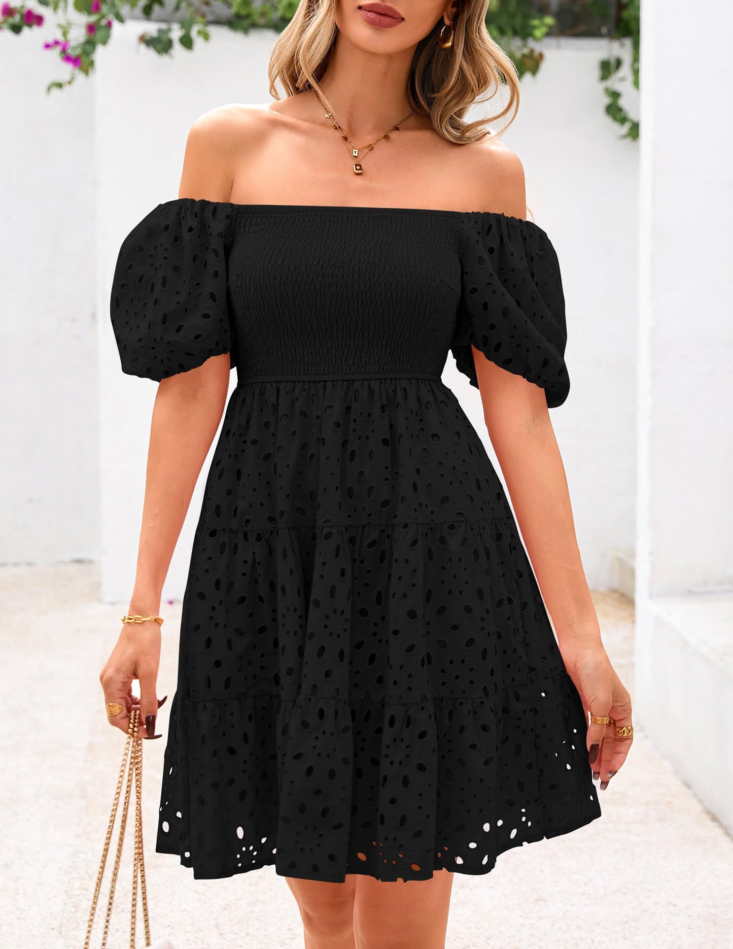 Womens Summer Puff Sleeve Mini Dress Off Shoulder Eyelet Smocked A Line Casual Babydoll Short Dresses